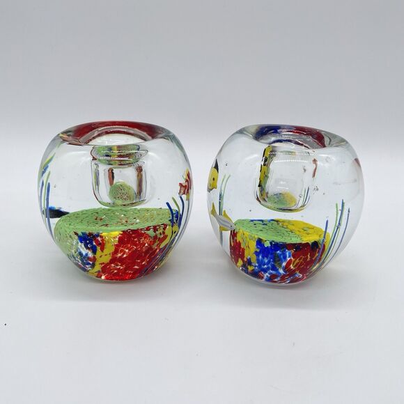 Set of 2 Vintage Murano Style Paperweights 3.5” Aquarium Candle Holders - Picture 3 of 10